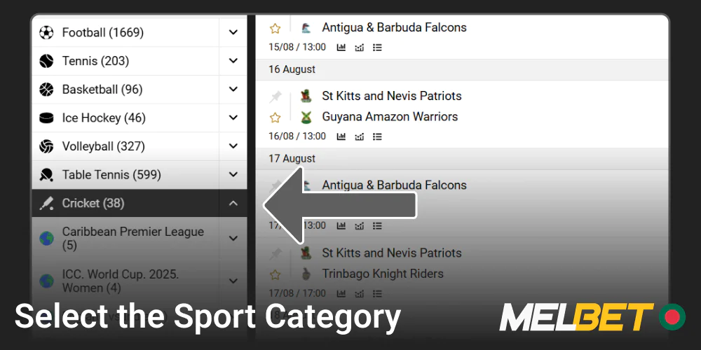 Select your preferred sport from the options on the Melbet website